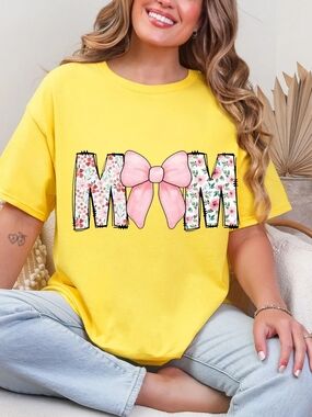 Gildan Yellow MOM Graphic Tee with Floral Letters and Pink Bow